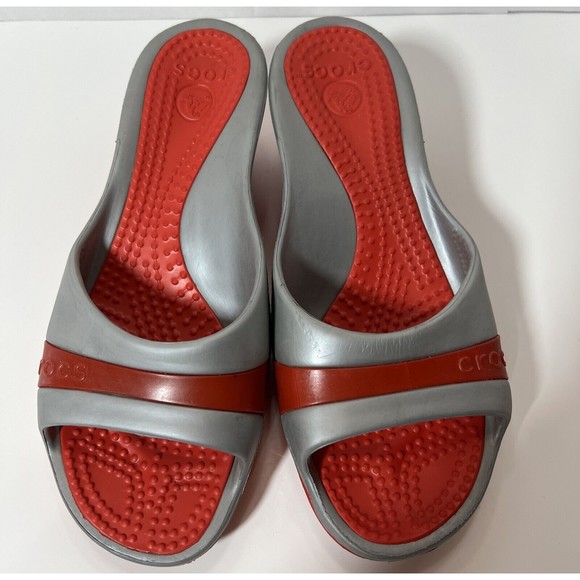 Crocs Sassari Women's Red/Gray Open Toe Slip-on Wedge Heel Slide Sandals Size 9 - Picture 1 of 12